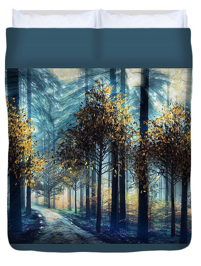 Clouds Duvet Cover featuring the digital art Light Through the Trees at a Blue Dawn by Debra and Dave Vanderlaan