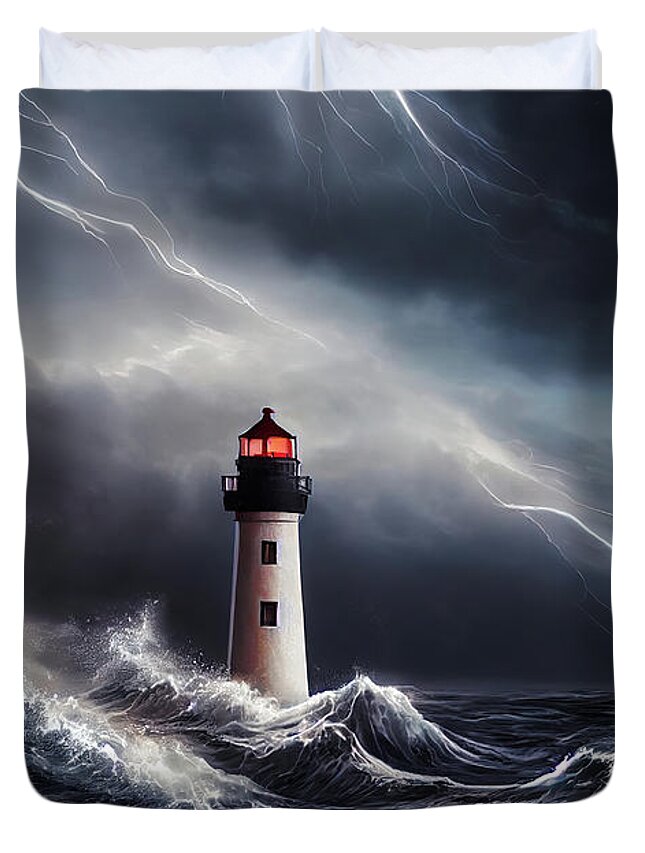 Lighthouse Duvet Cover featuring the digital art Lighthouse 08 Waves and Thunderstorm by Matthias Hauser