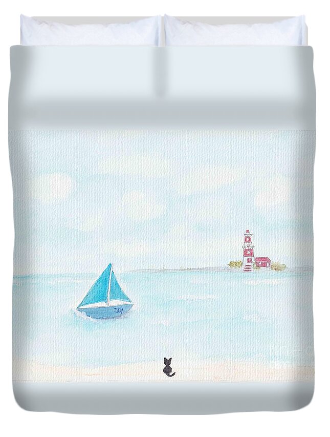 Lighthouse Duvet Cover featuring the painting Lighthouse, a Sailboat and a Cat on the Beach by Renate Janssen