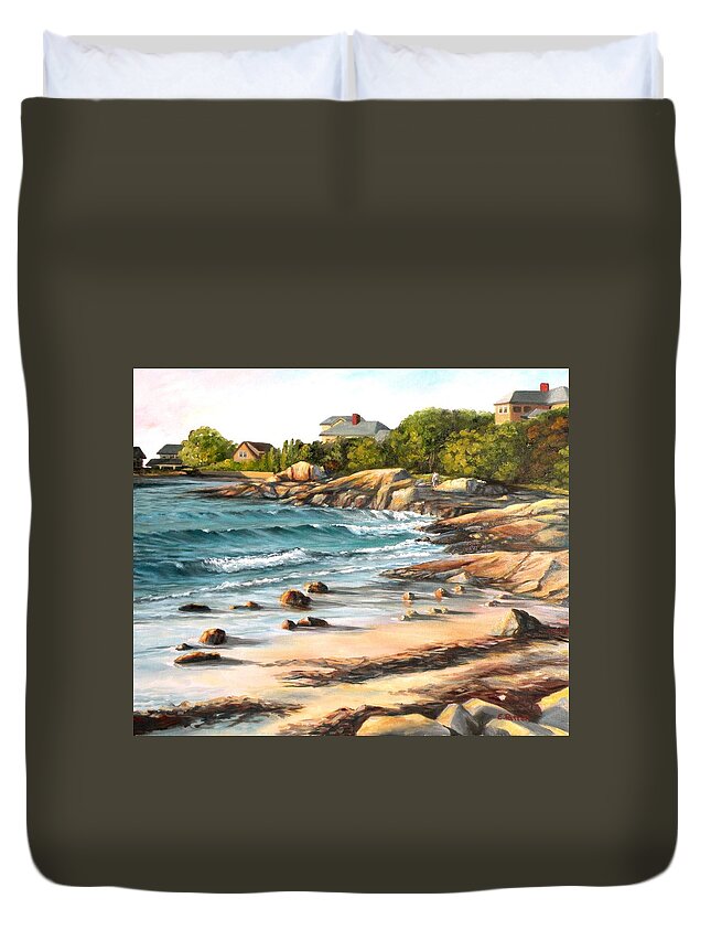 Lighthouse Beach Duvet Cover featuring the painting Lighthouse Beach, Annisquam, MA by Eileen Patten Oliver