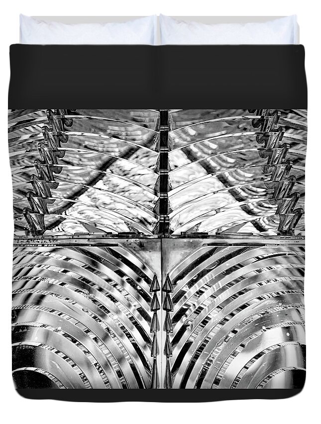 Black Duvet Cover featuring the photograph Lighthouse Glass in Black and White by Carolyn Hutchins