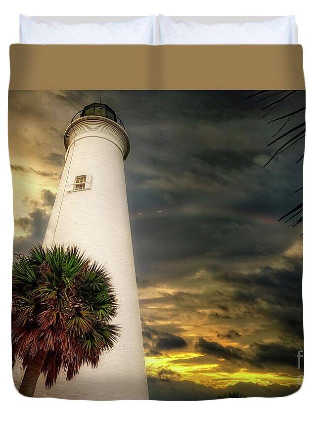Lighthouse Duvet Cover featuring the mixed media Lighthouse Rainbow by DB Hayes