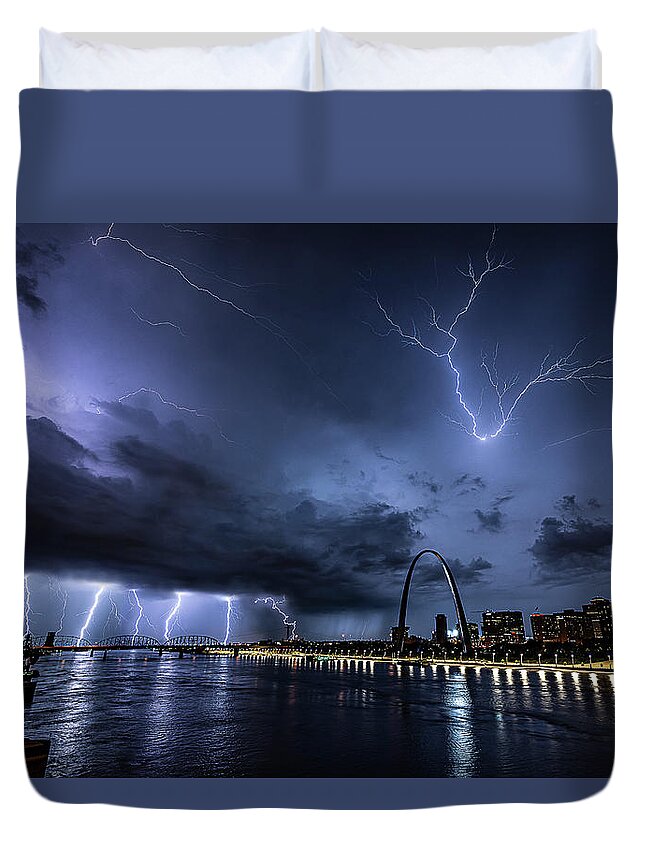 Lightning Duvet Cover featuring the photograph Lightning At The Riverfront by Marcus Hustedde