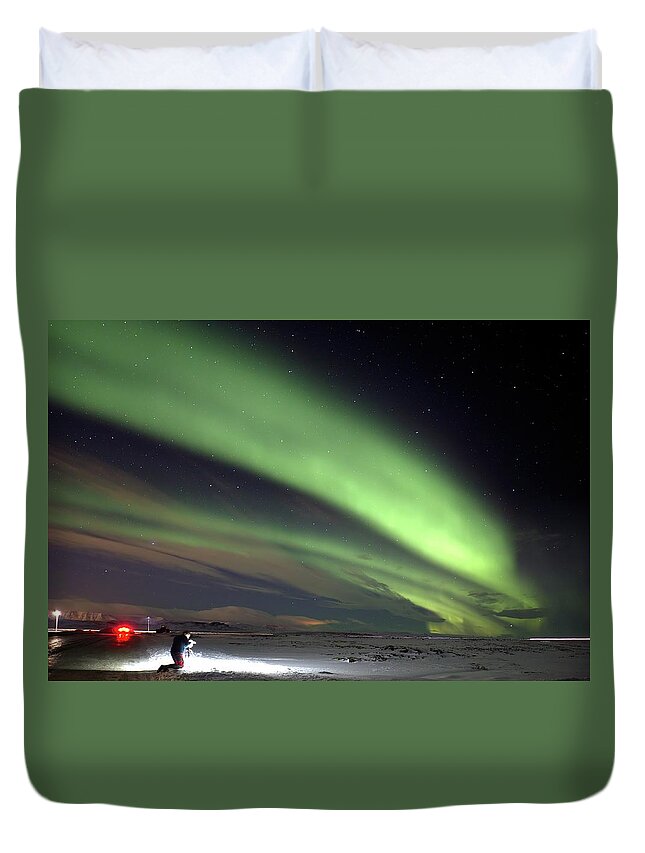 Iceland Duvet Cover featuring the photograph Lights in the snow by Christopher Mathews