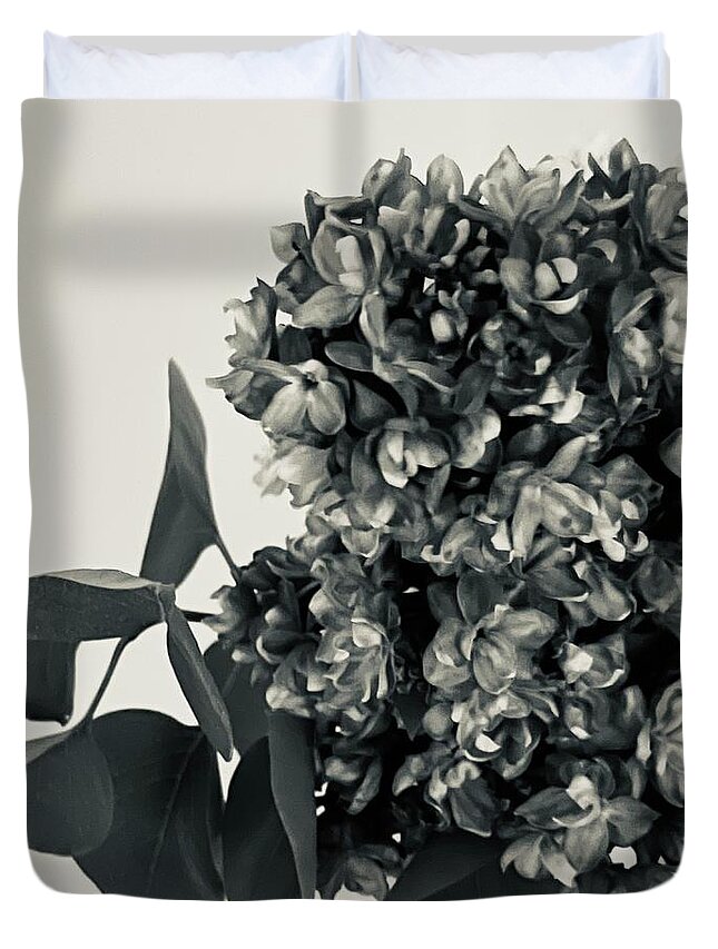 Photography Duvet Cover featuring the painting Lilac Bloom Black and White by Lisa White