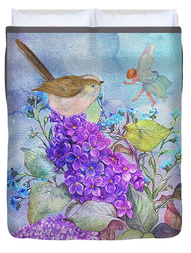 Flower Fairy Duvet Cover featuring the painting Lilac Flower Fairy with Birdie by Judith Cheng