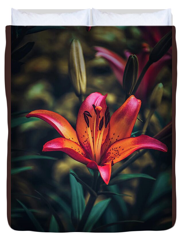 Lily Duvet Cover featuring the photograph Lilies at Twilight by Tricia Louque