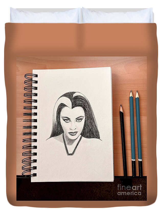  Duvet Cover featuring the drawing Lily Munster by Donna Mibus