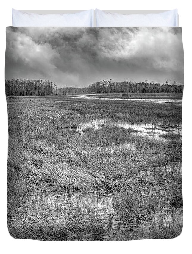 Clouds Duvet Cover featuring the photograph Lily Pads in the Glades in Black and White by Debra and Dave Vanderlaan