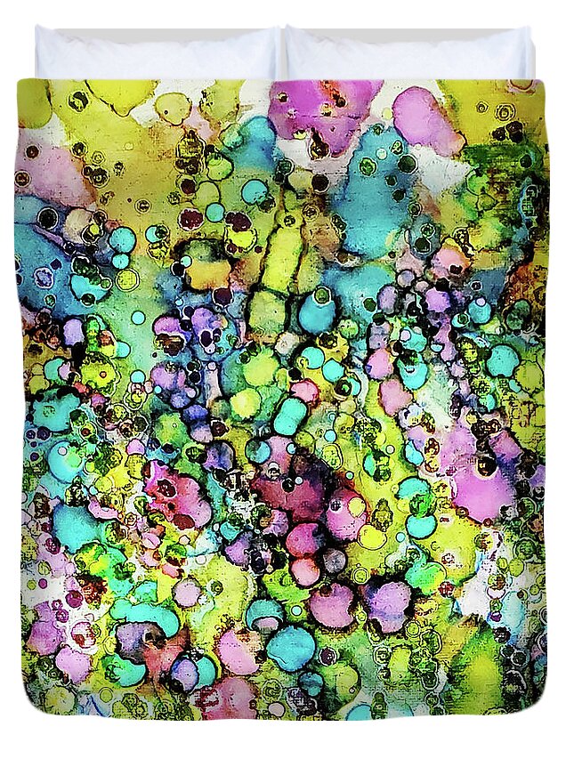 Alcohol Ink Duvet Cover featuring the mixed media Lime green, pink and aqua blue by Karla Kay Benjamin