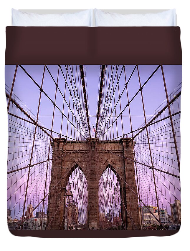 Brooklyn Bridge Duvet Cover featuring the photograph Cable Lines by Linda Villers