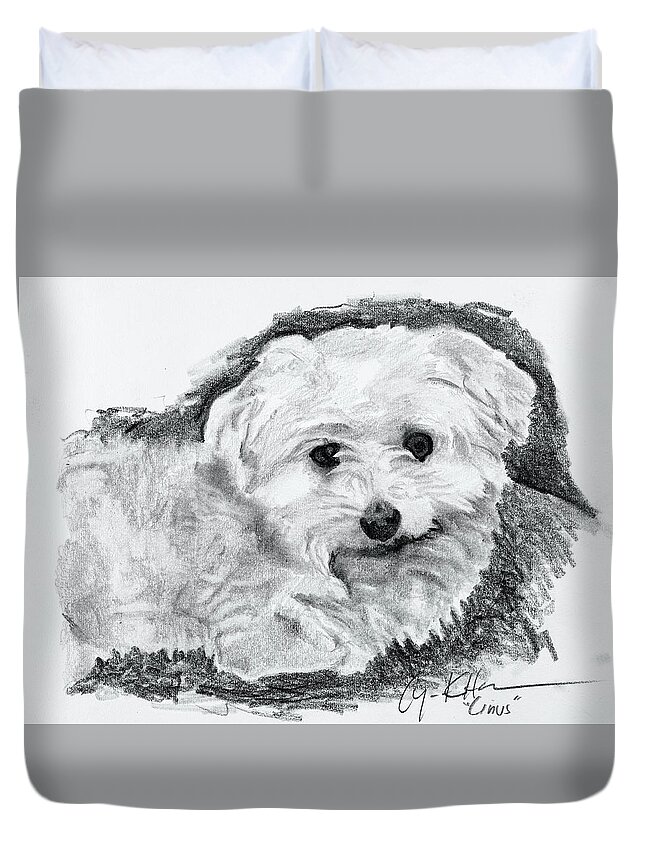 Dog Duvet Cover featuring the drawing Linus, Beloved Pet by Lynn Hansen