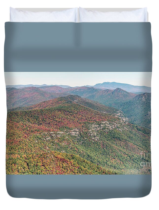 Linville Gorge Wilderness Duvet Cover featuring the photograph Linville Gorge Wilderness with Peak Autumn Colors Aerial View by David Oppenheimer