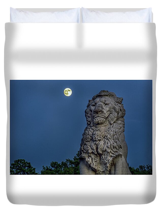 Lion Duvet Cover featuring the photograph Lion and the Moon by Jerry Gammon