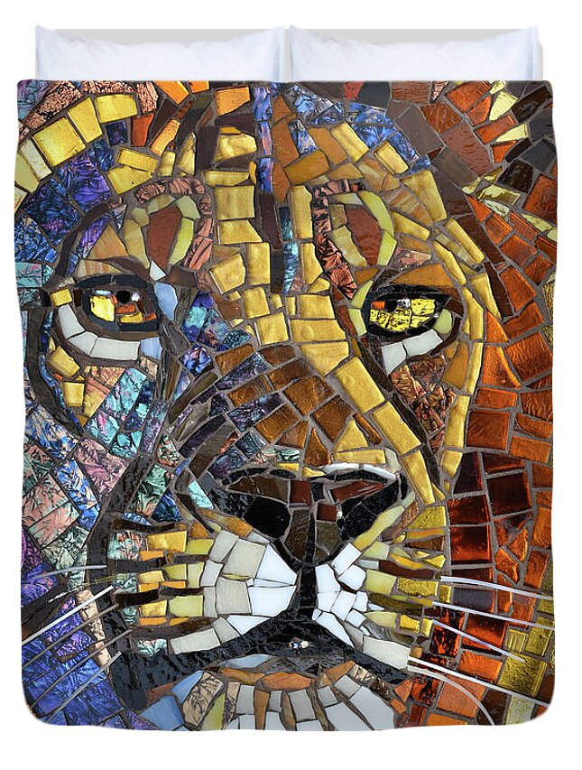 Cynthie Fisher Duvet Cover featuring the painting Lion Glass Mosaic by Cynthie Fisher