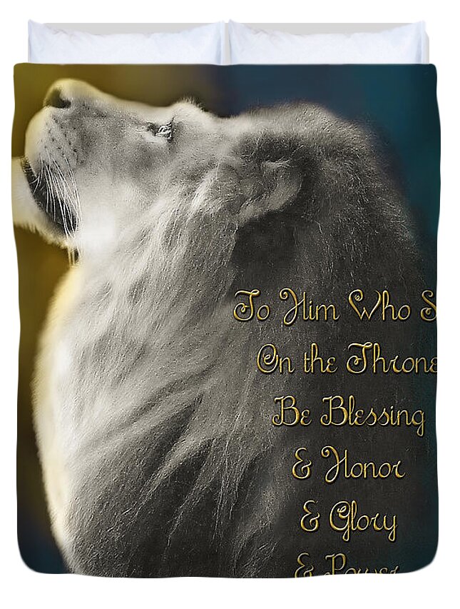 Lion; Judah; Worship; Prophetic; Revelation; Jesus; Christ; Throne; Adoration; Praise; Father; Abba; Lion Of Judah Art Duvet Cover featuring the painting Lion On The Throne in Aqua by Constance Woods