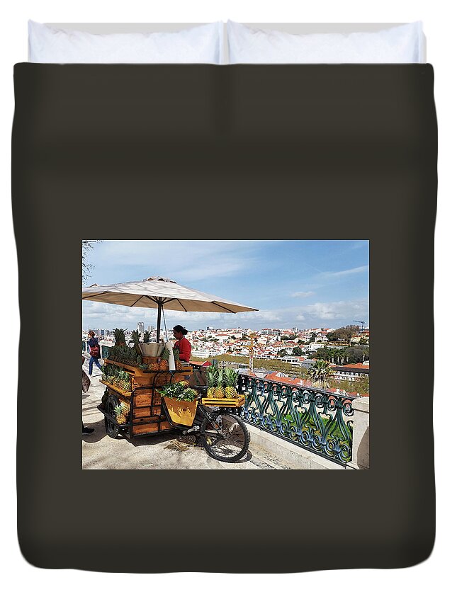 Umbrella Duvet Cover featuring the digital art Lisbon Pineapple Stand With Bicycle And Umbrella Historical Downtown View by Irina Sztukowski