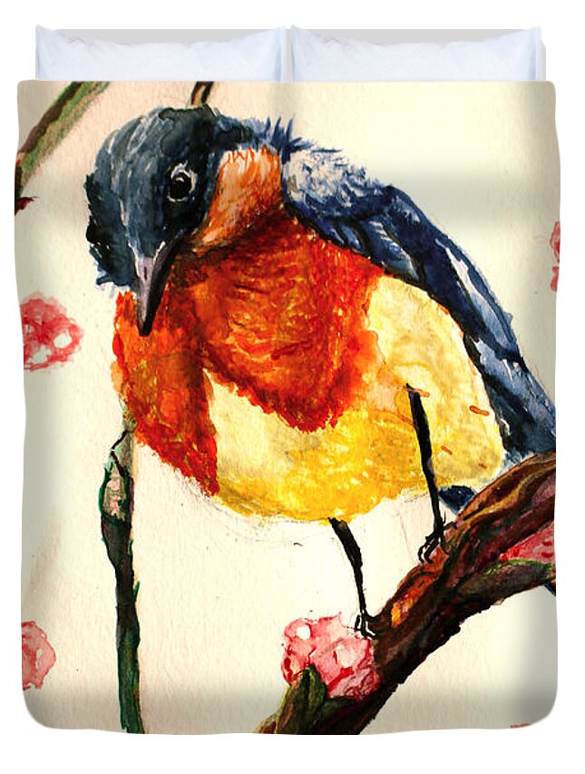 Watercolor Duvet Cover featuring the painting Little Bird 5 by Medea Ioseliani