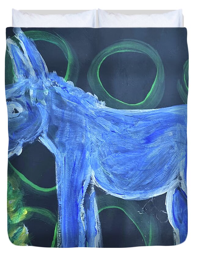 Donkey Duvet Cover featuring the painting Little Blue Donkey by Mimulux Patricia No