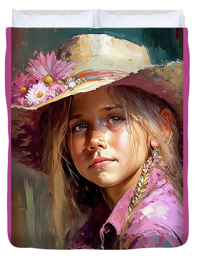 Little Cowgirl Duvet Cover featuring the painting Little Brown Eyed Cowgirl by Tina LeCour