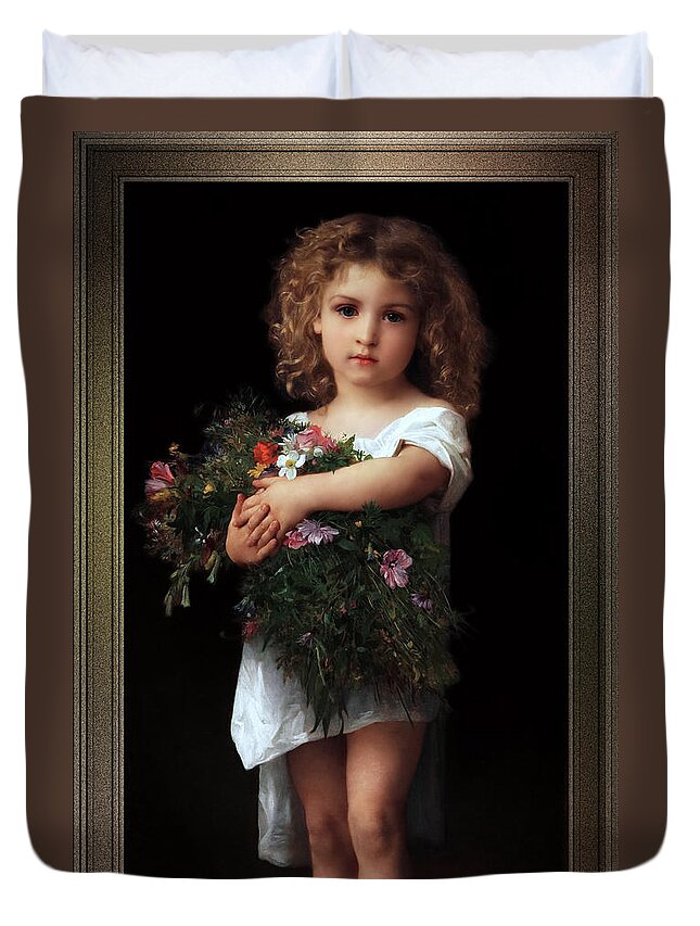 Little Girl With Flowers Duvet Cover featuring the painting Little Girl With Flowers by William-Adolphe Bouguereau by Rolando Burbon