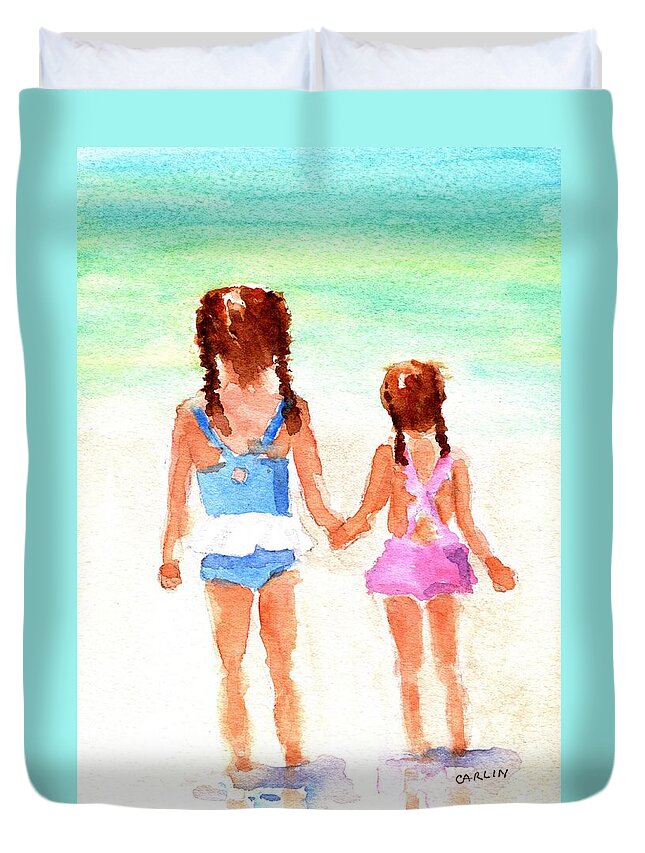 Little Sisters Duvet Cover featuring the painting Little Girls at the Beach by Carlin Blahnik CarlinArtWatercolor