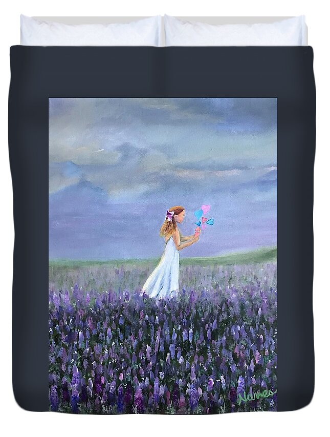 Girl Duvet Cover featuring the painting Little Girls, Hearts and Flowers by Deborah Naves