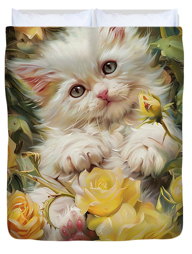  Cat Duvet Cover featuring the painting Little Kitten In The Roses by Tina LeCour
