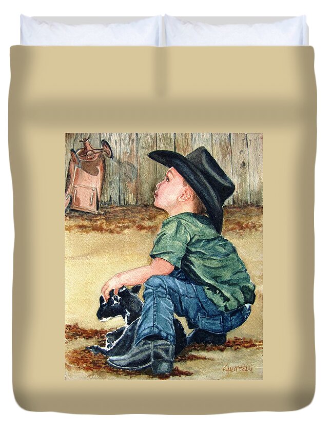 Children Duvet Cover featuring the painting Little Ranchhand by Karen Ilari