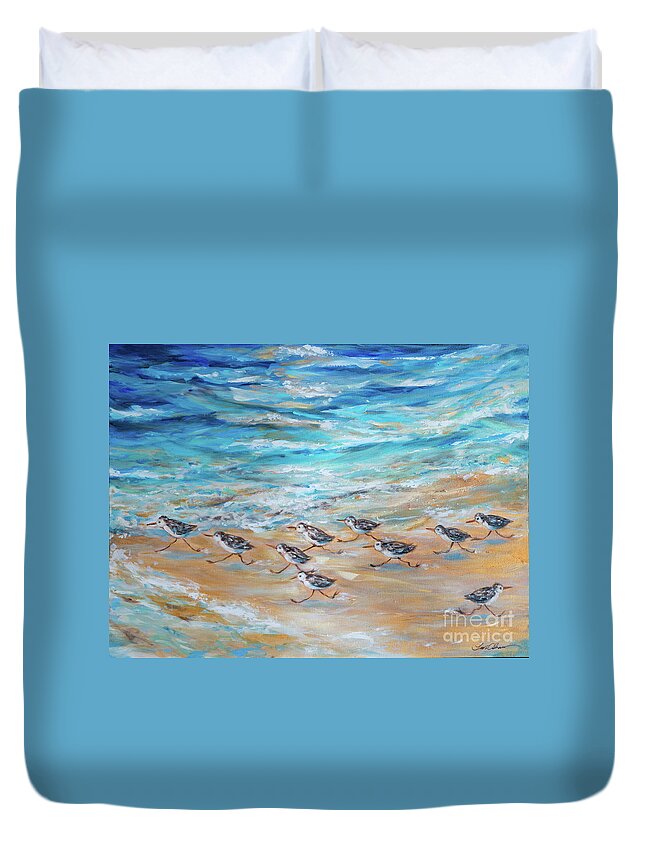 Ocean Duvet Cover featuring the painting Little Rebel Scurry by Linda Olsen