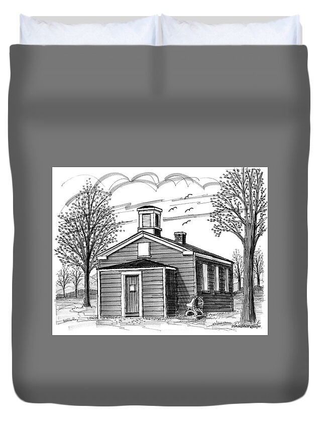 Schoolhouse Duvet Cover featuring the drawing Little Red Schoolhouse Hyde Park NY by Richard Wambach
