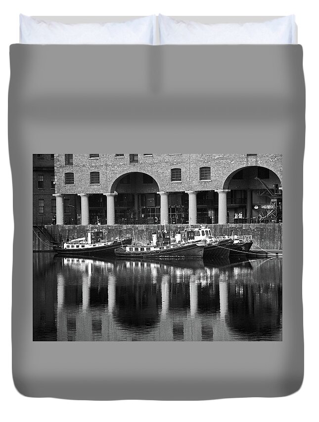 Liverpool Duvet Cover featuring the photograph LIVERPOOL. Albert Dock Moored Boats B. by Lachlan Main