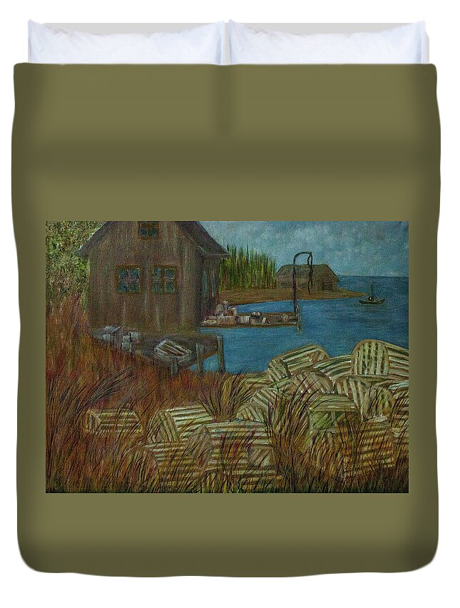 Lobster Duvet Cover featuring the painting Lobster Pot Graveyard by Randy Sylvia