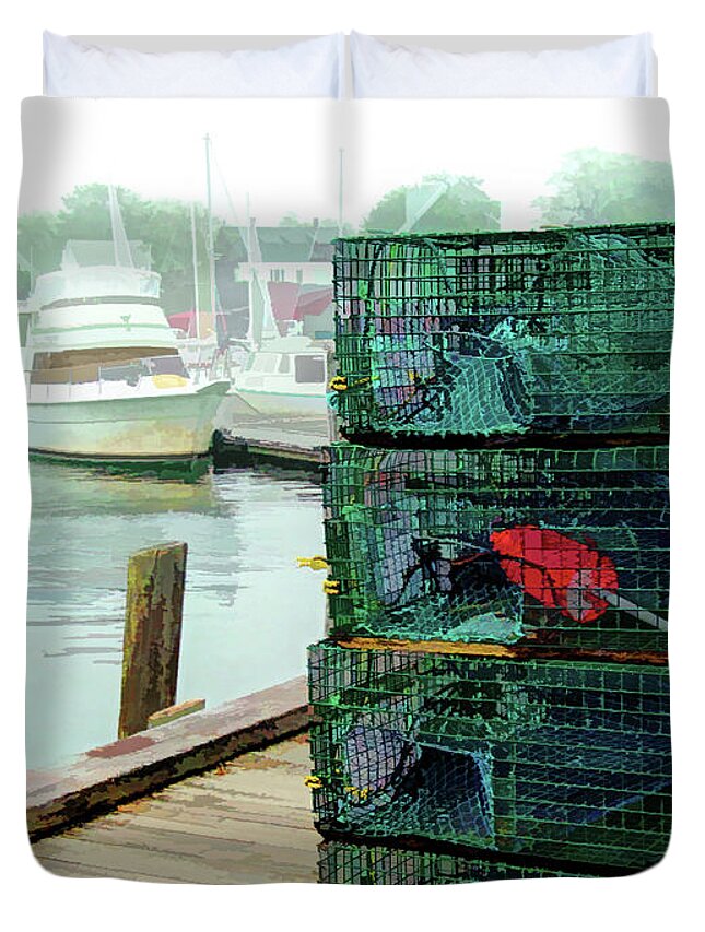 Lobster Duvet Cover featuring the digital art Lobster Traps on Dock by Barry Wills