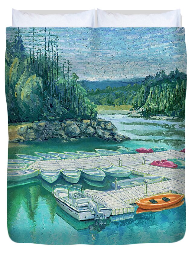 Kayak Duvet Cover featuring the painting Loch Lomond Marina by PJ Kirk