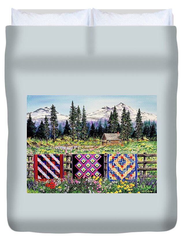 Mountains Duvet Cover featuring the painting Log Cabin Quilts by Diane Phalen