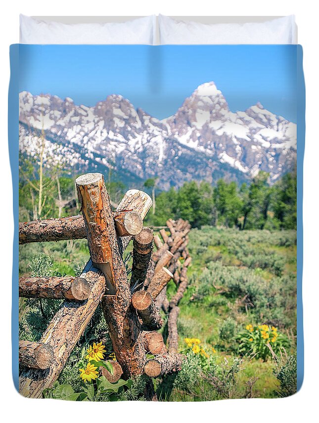 Log Fence Flowers In The Tetons Duvet Cover featuring the photograph Log Fence Flowers In The Tetons by Dan Sproul