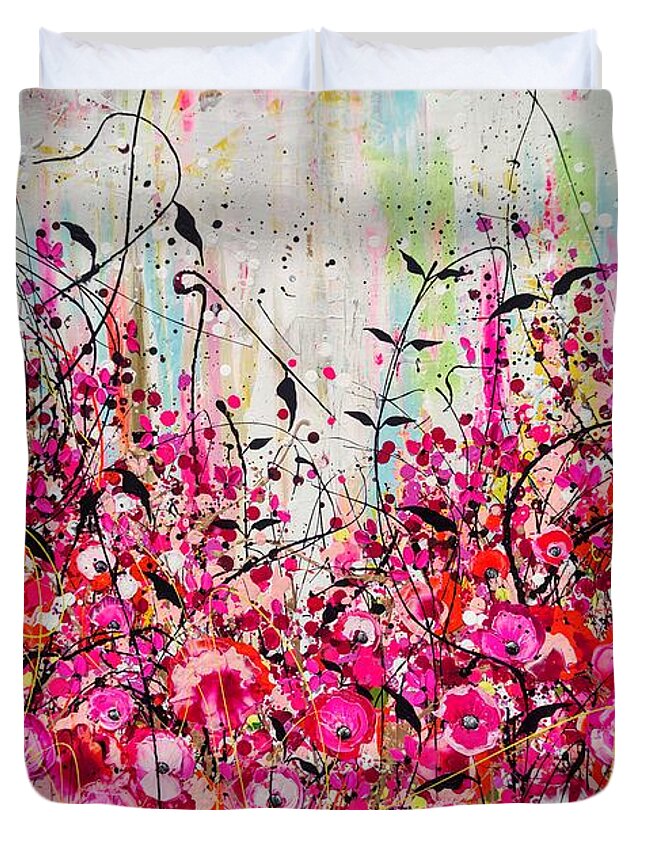 Flowers Duvet Cover featuring the painting Lollapalooza in Pink by Angie Wright