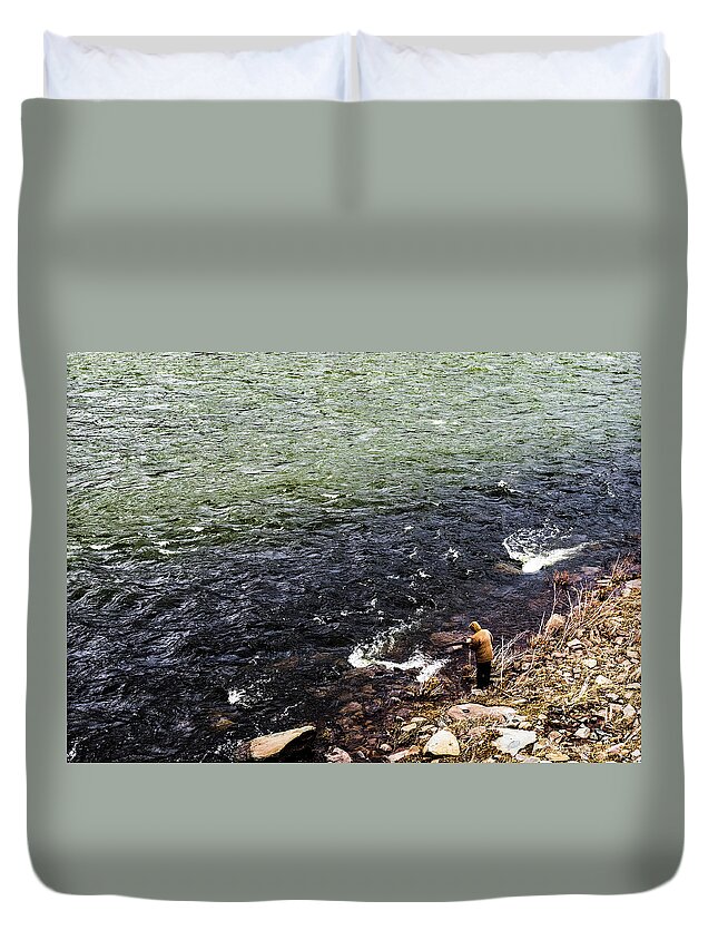 Water Duvet Cover featuring the photograph Lone Fisherman by Amelia Pearn