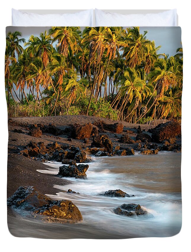 Hawaii Duvet Cover featuring the photograph Lone Palm Beach Sunset by Christopher Johnson