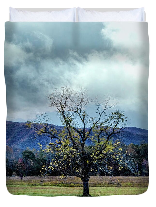 Smokies Duvet Cover featuring the photograph Lone Tree at Cades Cove Townsend Tennessee by Debra and Dave Vanderlaan