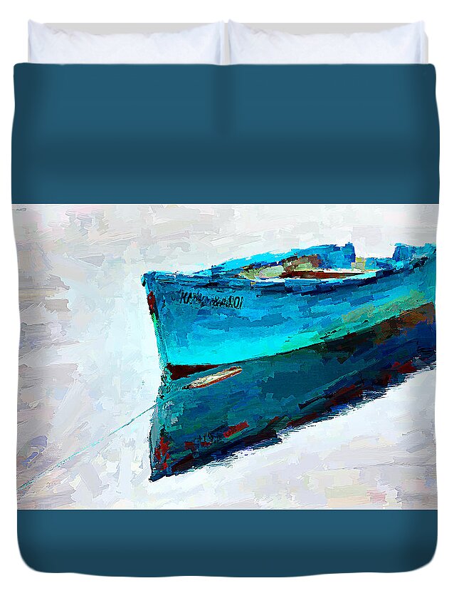 Lonely Duvet Cover featuring the digital art Lonely boat floating - digital painting by Tatiana Travelways