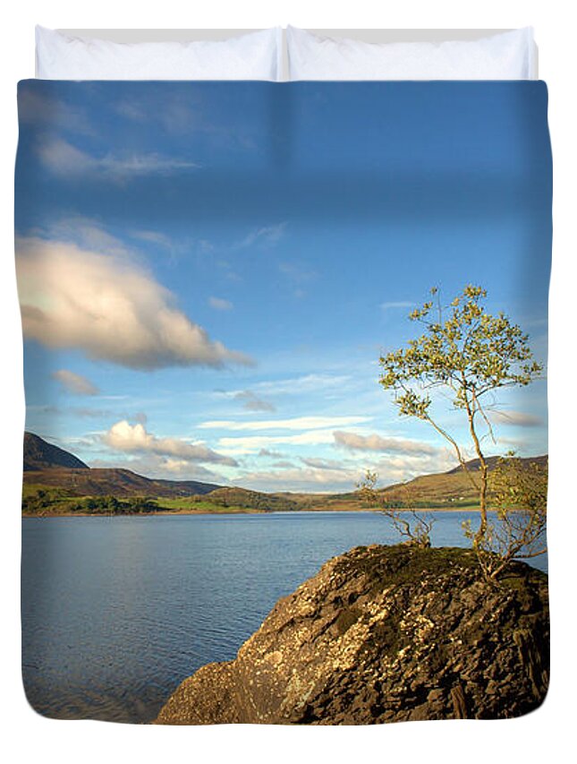 Landscape Duvet Cover featuring the digital art Lonely tree on a rock by Remigiusz MARCZAK