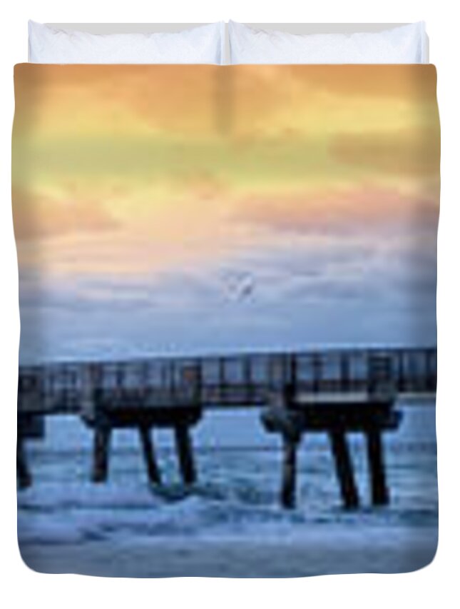 Panorama Duvet Cover featuring the photograph Long Fishing Pier at Dawn by Debra and Dave Vanderlaan