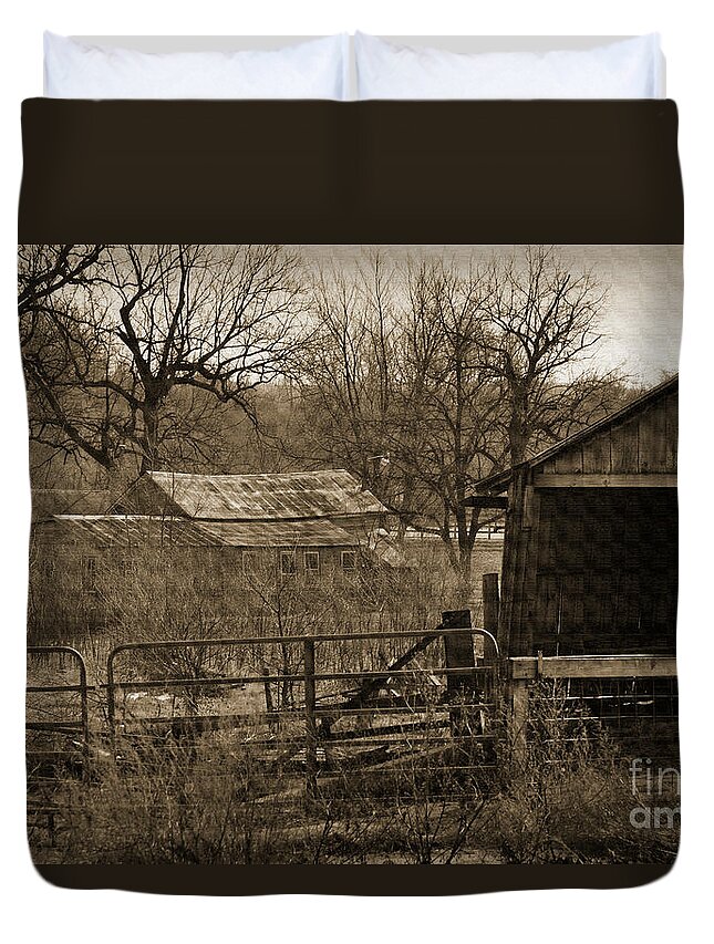Sepia Duvet Cover featuring the digital art Abandoned Farm In Sepia by Kirt Tisdale