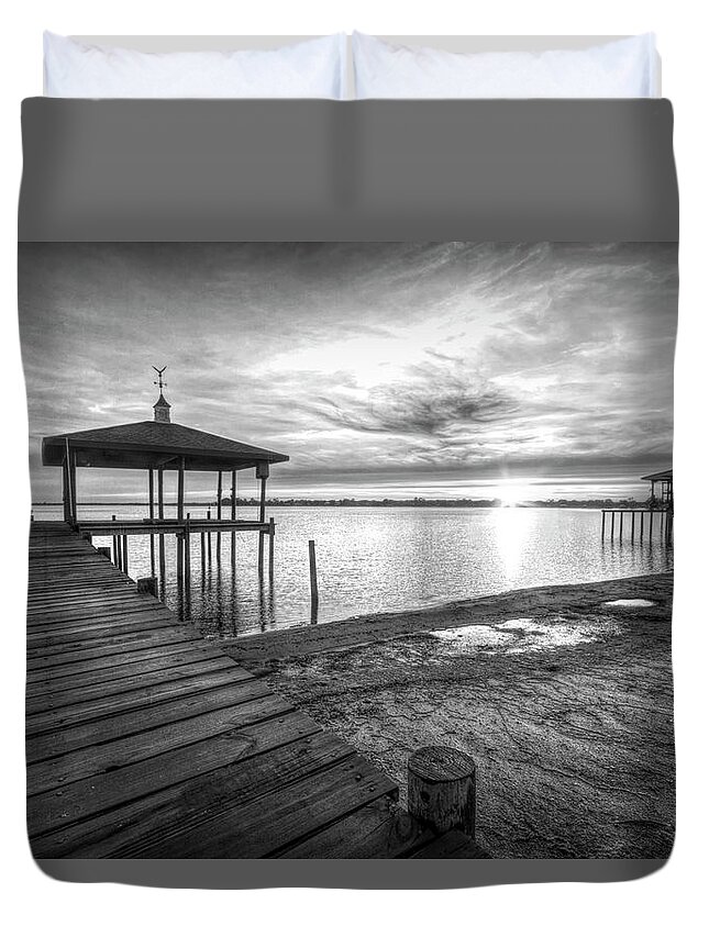 Clouds Duvet Cover featuring the photograph Long Sunset Dock Black and White by Debra and Dave Vanderlaan
