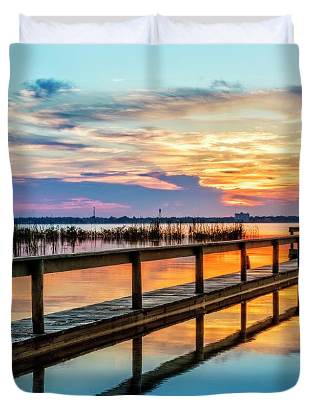 Clouds Duvet Cover featuring the photograph Long Wooden Dock by Debra and Dave Vanderlaan