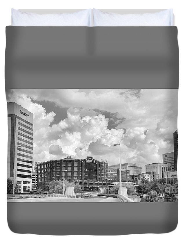 Rich Duvet Cover featuring the photograph Looking Across The Rich Street Bridge Panorama Black And White by Adam Jewell