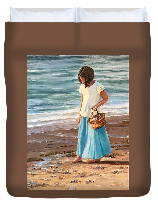 Girl Duvet Cover featuring the painting Looking for Shells by Judy Rixom