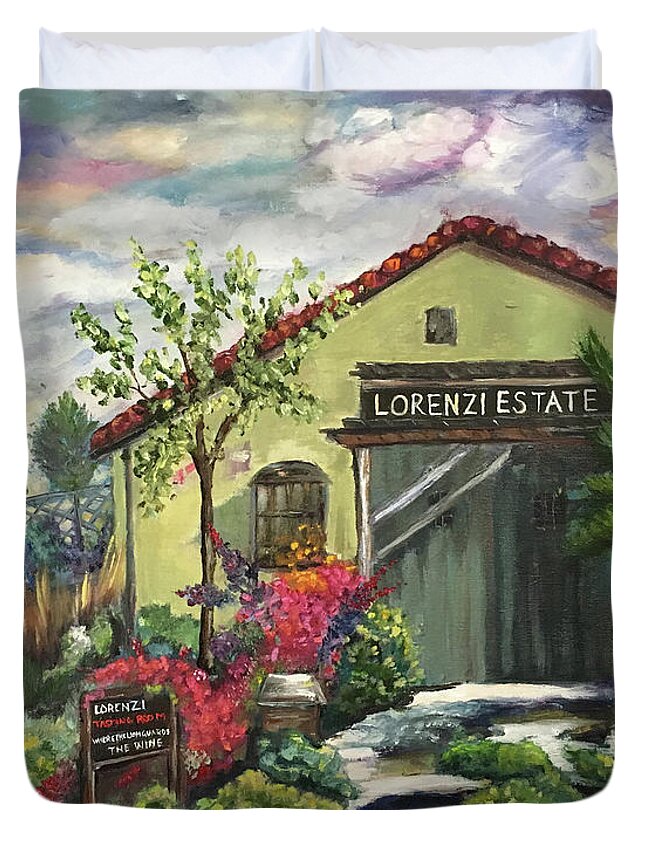 Lorenzi Duvet Cover featuring the painting Lorenzi Estate Winery by Roxy Rich